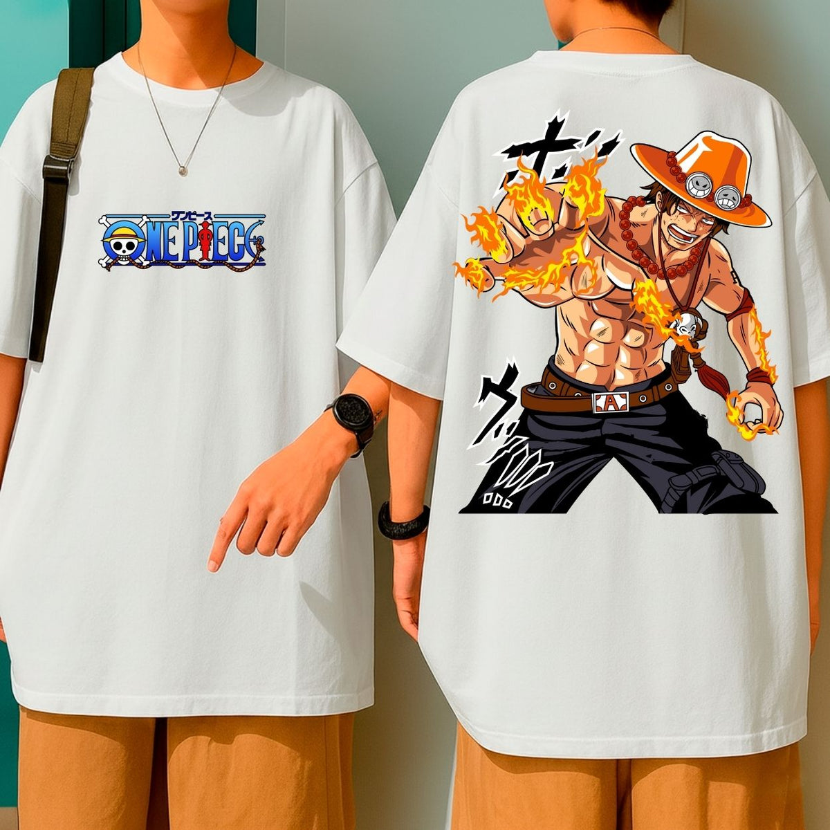 Camiseta Oversized 100% Algodão One Piece Ace Mãos De Fogo Anime Blusão Malha Grossa