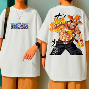 Camiseta Oversized 100% Algodão One Piece Ace Mãos De Fogo Anime Blusão Malha Grossa