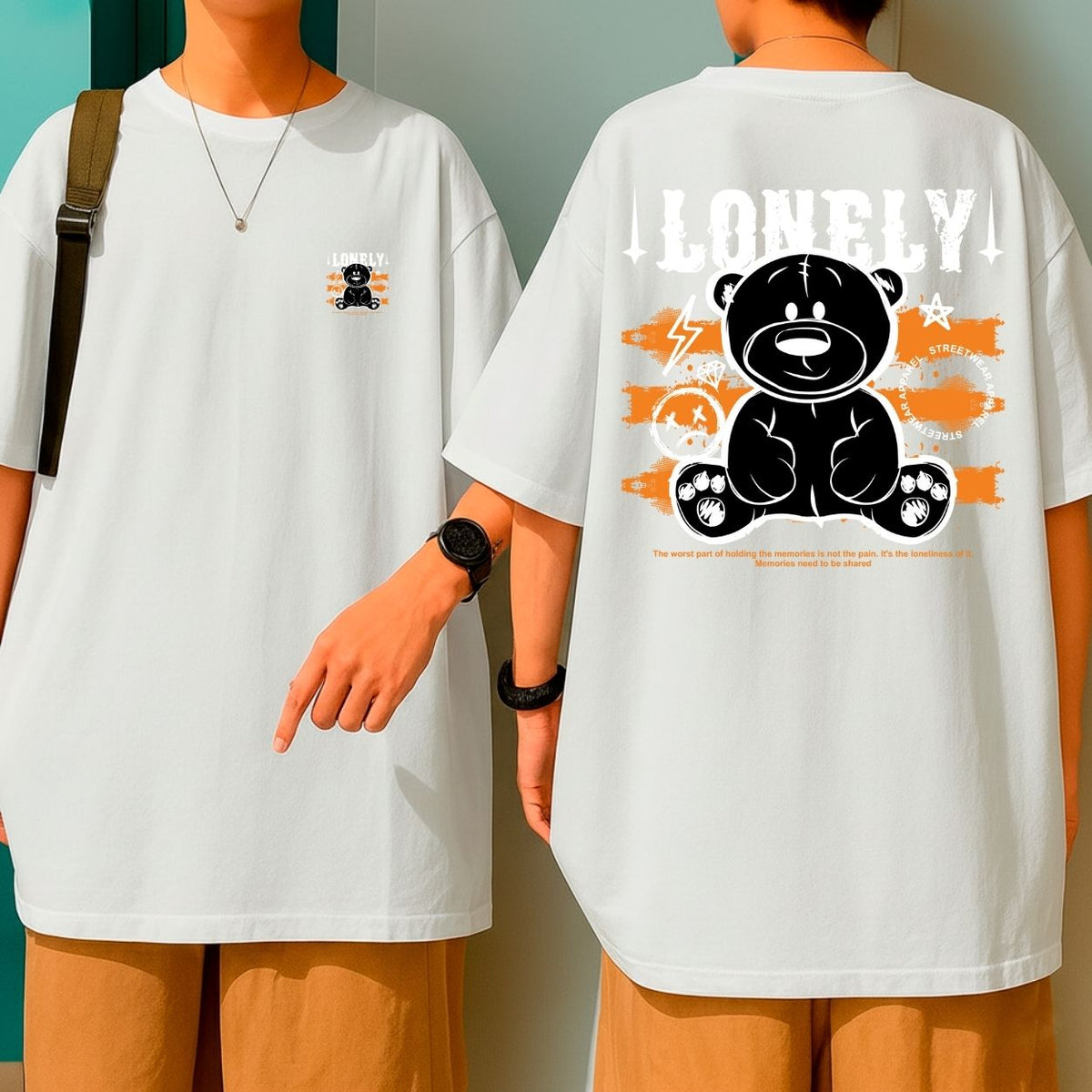 Camiseta Oversized Streetwear Estampa Urso Lonely Preto Laranja Qualidade Bom Caimento