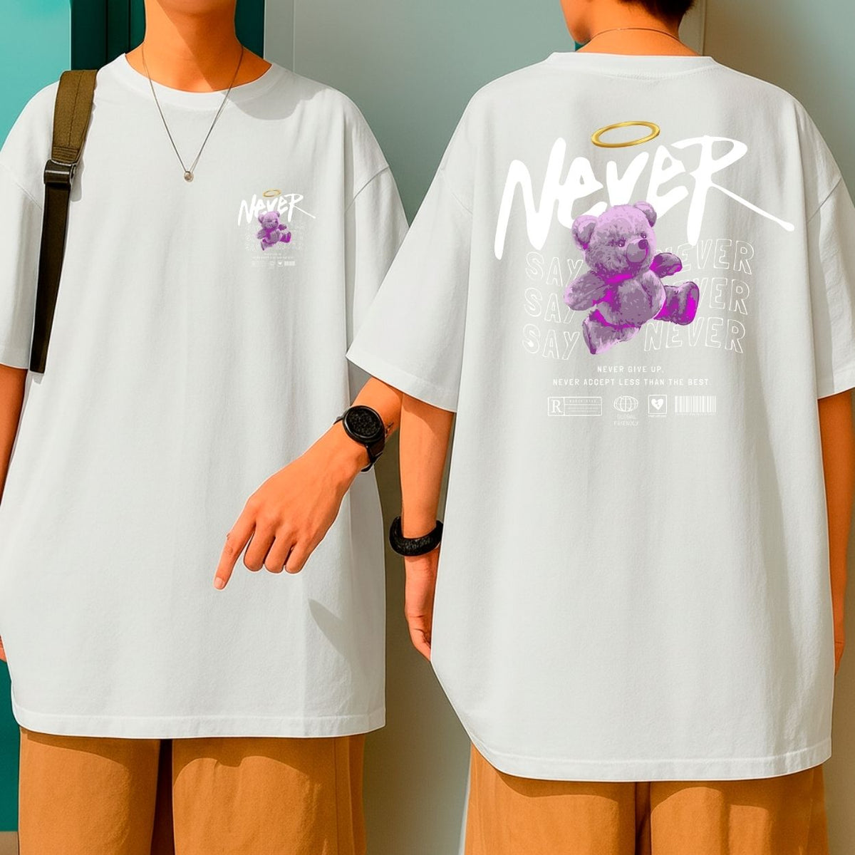 Camiseta Oversized Streetwear Blusão Malha Grossa Urso Roxo Never Say Never
