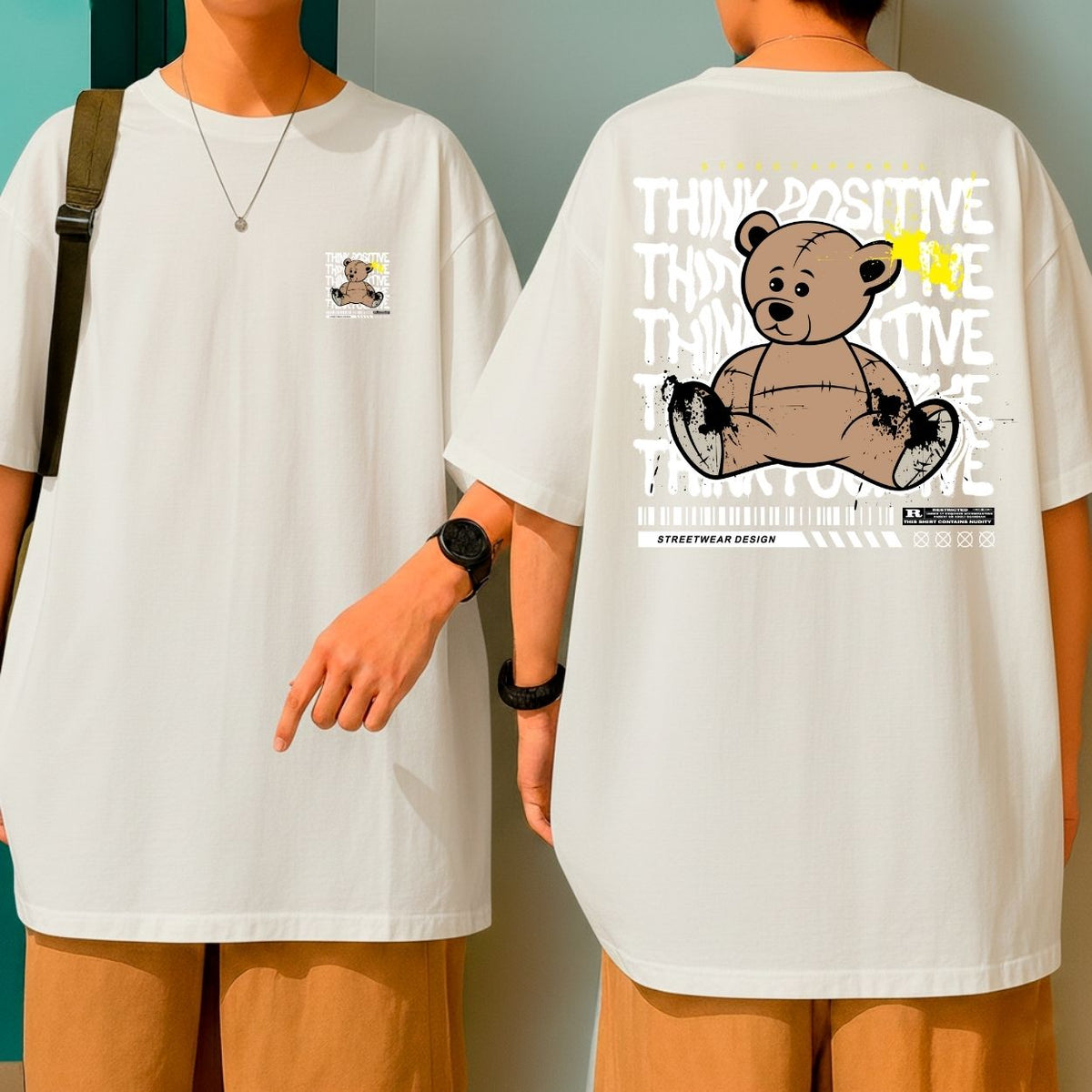 Camiseta Oversized Algodão Premium Streetwear Think Positive Bear Inspiração