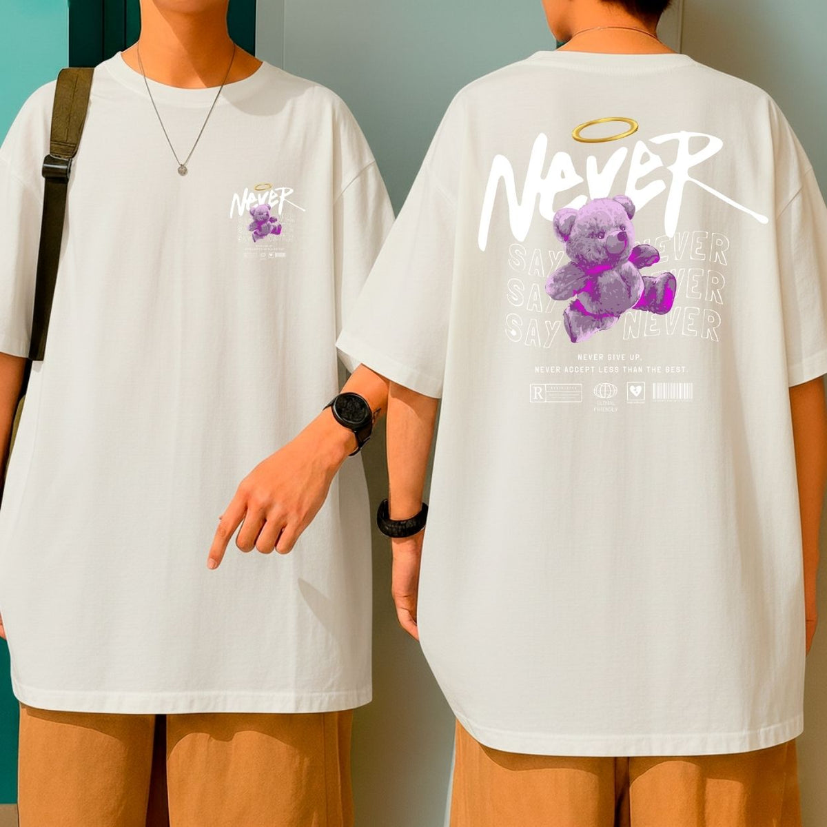 Camiseta Oversized Streetwear Blusão Malha Grossa Urso Roxo Never Say Never