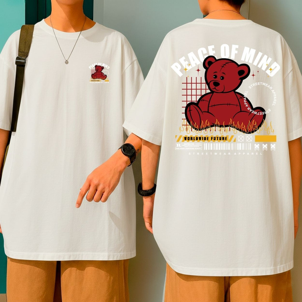 Camiseta Oversized Streetwear Urso Vermelho Flames Peace of Mind