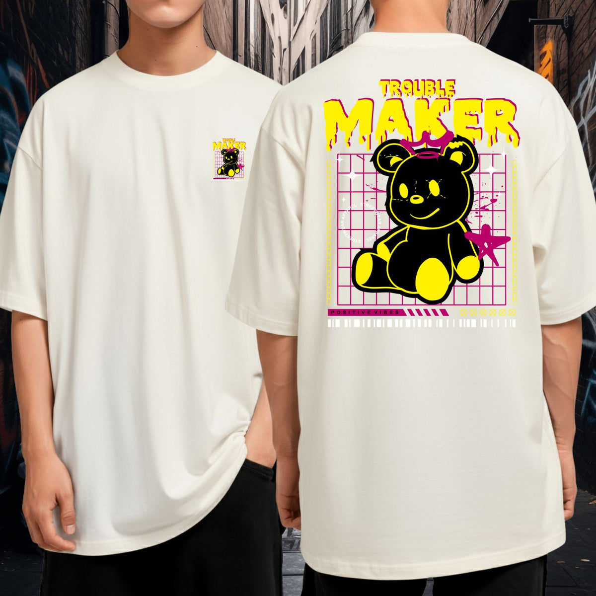 Camiseta Oversized 100% Algodão Fio 30.1 Estampa Ursinho Trouble Maker