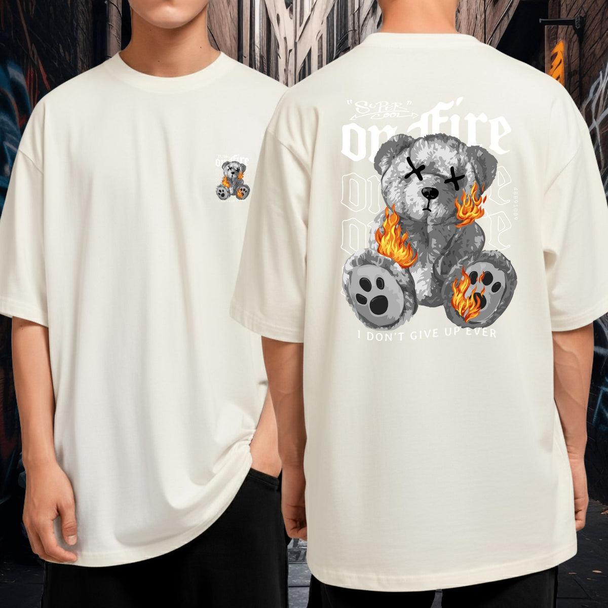 Camiseta Oversized Streetwear On Fire Urso em Chamas Blusão Malha Grossa Underground