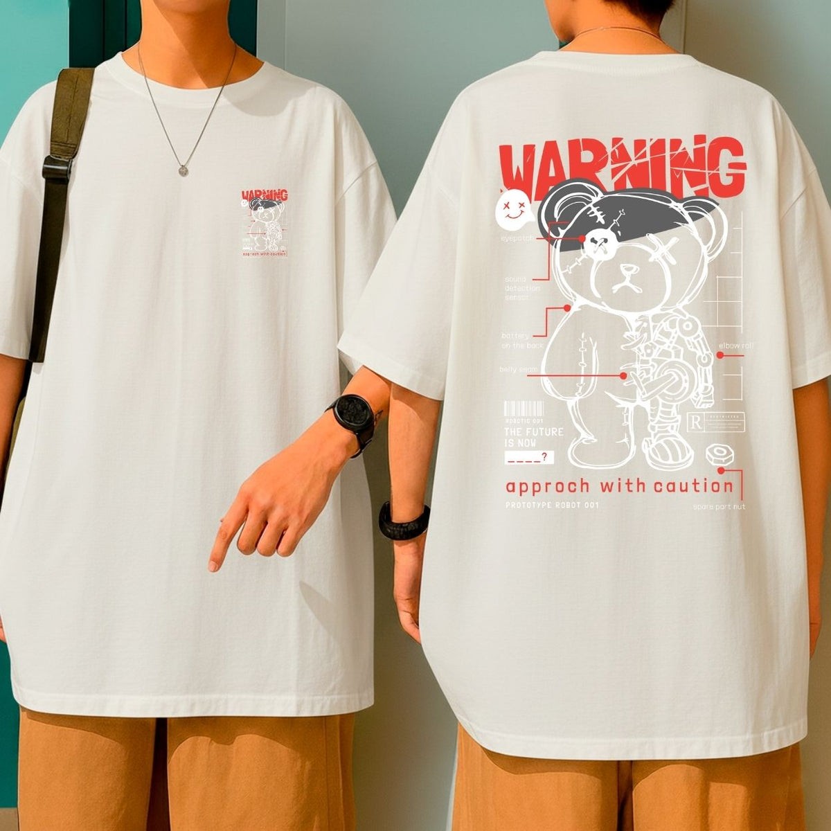 Camiseta Oversized 100% Algodão Malha Grossa Warning Robot Bear Moda Urbana
