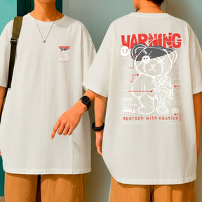 Camiseta Oversized 100% Algodão Malha Grossa Warning Robot Bear Moda Urbana