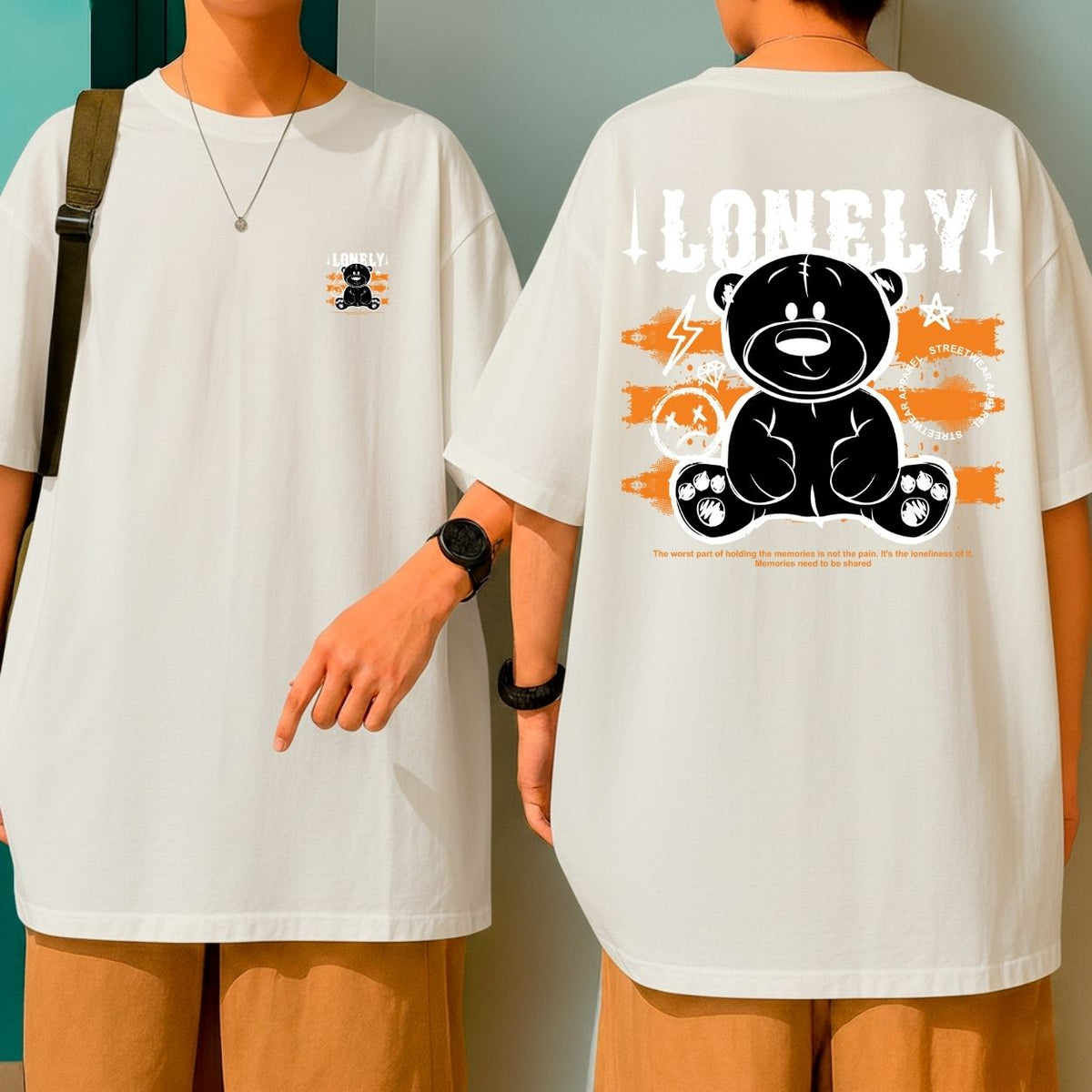 Camiseta Oversized Streetwear Estampa Urso Lonely Preto Laranja Qualidade Bom Caimento