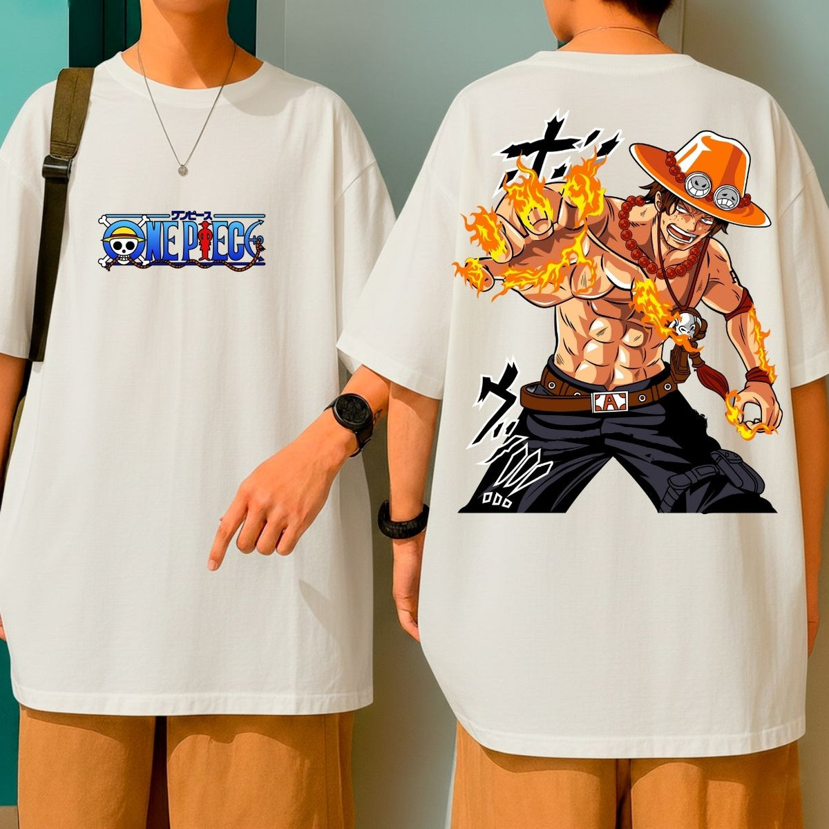 Camiseta Oversized 100% Algodão One Piece Ace Mãos De Fogo Anime Blusão Malha Grossa