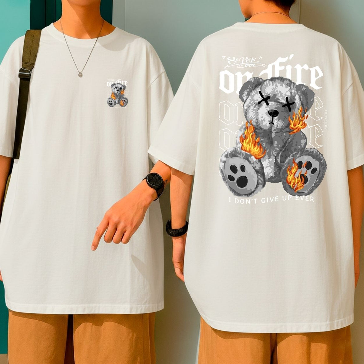 Camiseta Oversized Streetwear Urso em Fogo “I Don’t Give Up Ever” Malha Premium Algodão