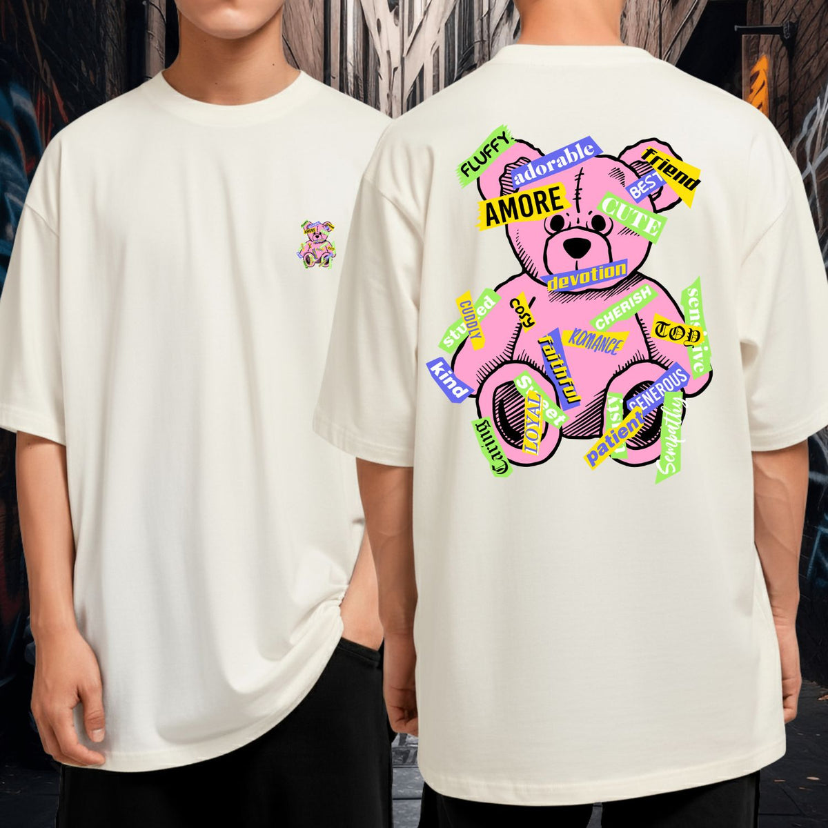Camiseta Oversized Streetwear 100% Algodão Amore Urso Rosa Pop Preta