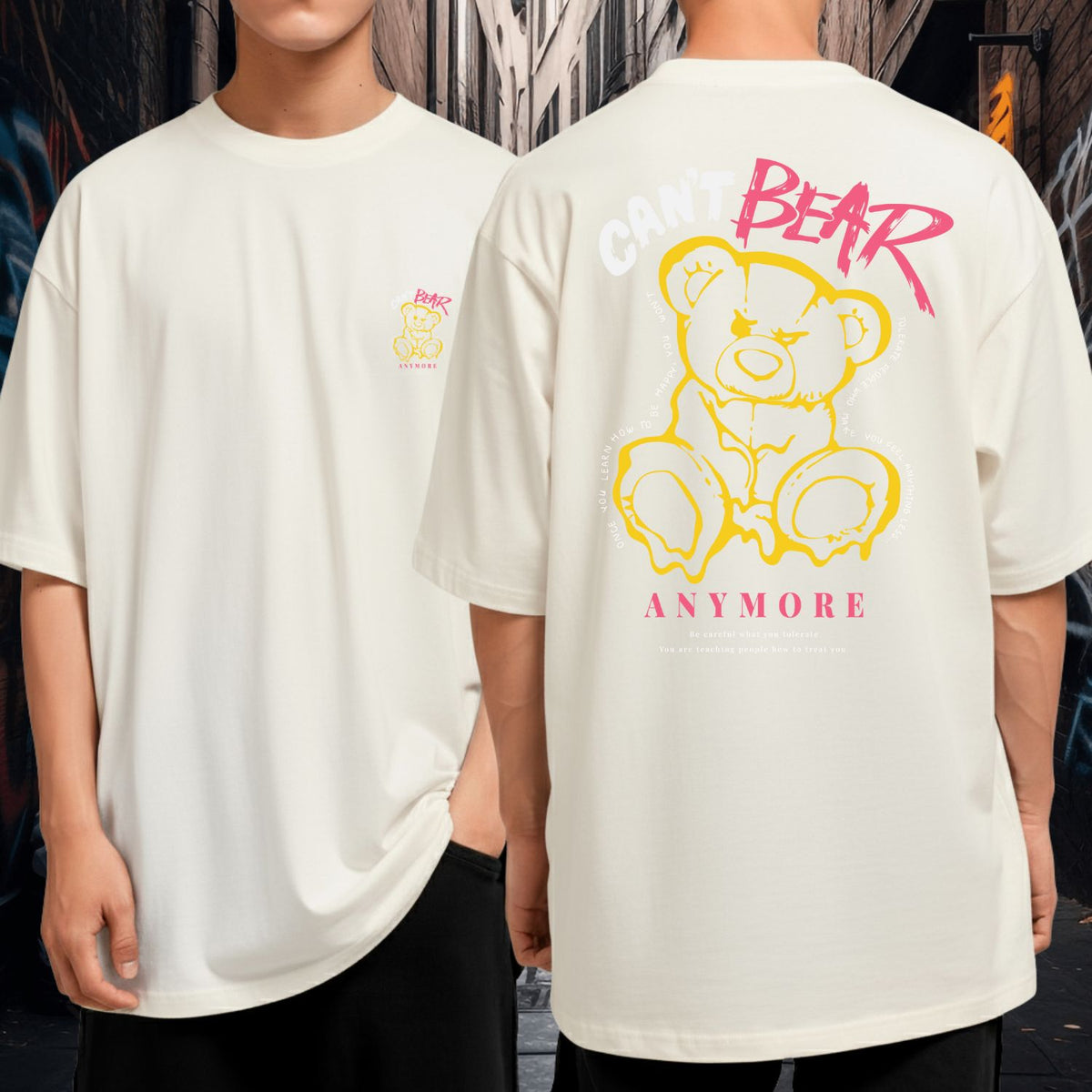 Camiseta Oversized Algodão Malha Grossa Streetwear Can’t Bear Anymore Urso Amarelo