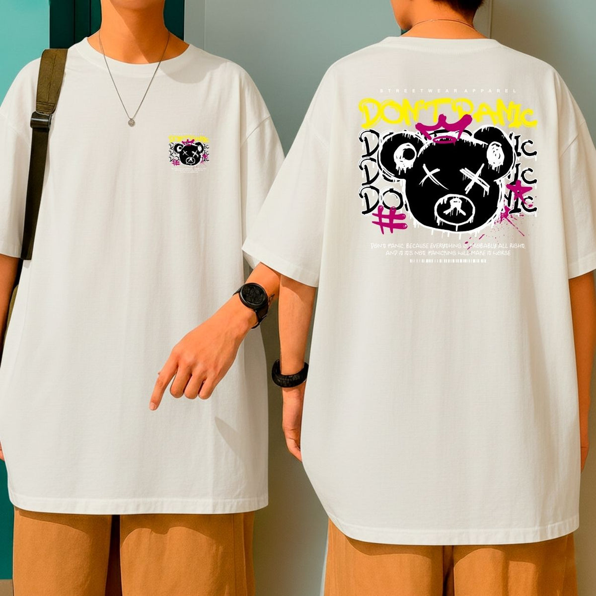 Camiseta Oversized Malha Premium Don't Panic Urso Grafite Streetwear