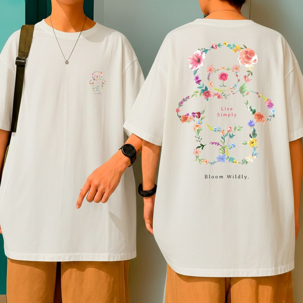 Camiseta Oversized Streetwear Live Simply Urso Floral Blusão Algodão Malha Grossa