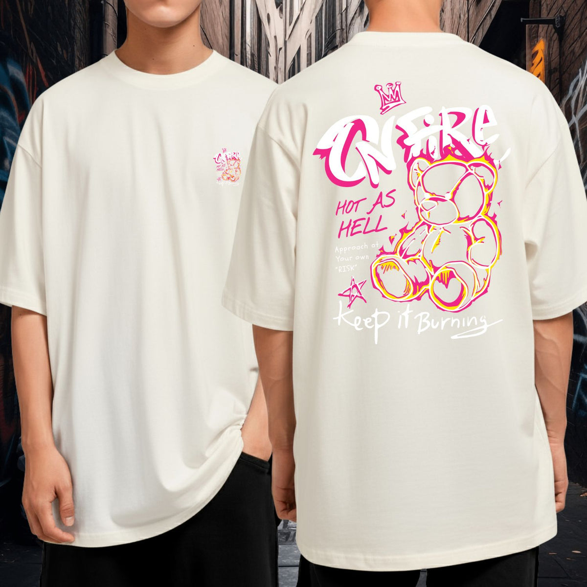 Camiseta Oversized Malha Grossa Fio 30.1 Malha Grossa Ursinho On Fire Keep It Burning Gola Redonda