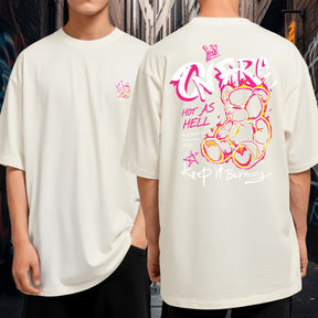 Camiseta Oversized Malha Grossa Fio 30.1 Malha Grossa Ursinho On Fire Keep It Burning Gola Redonda