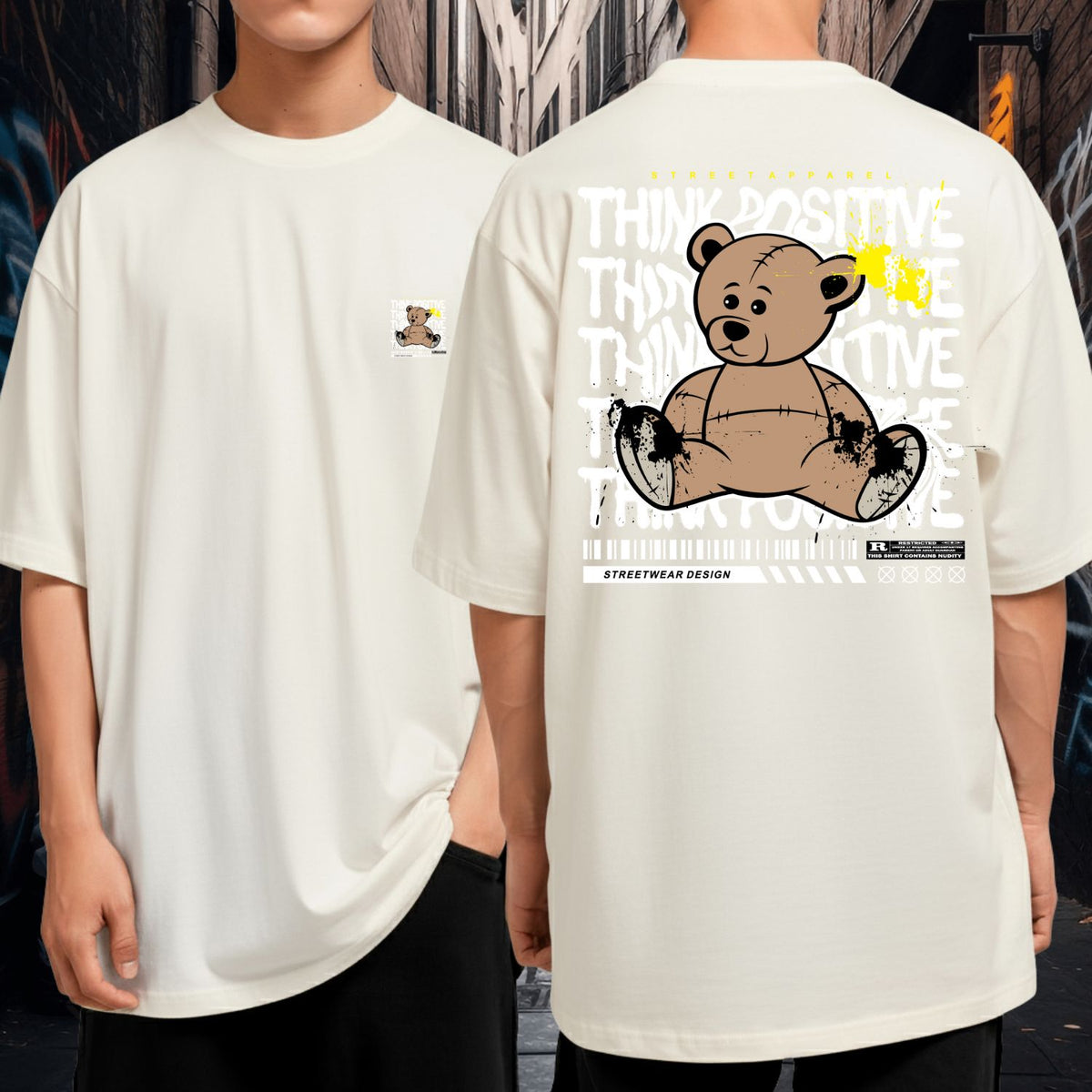 Camiseta Oversized Malha Grossa Larga Think Positive Bear Streetwear