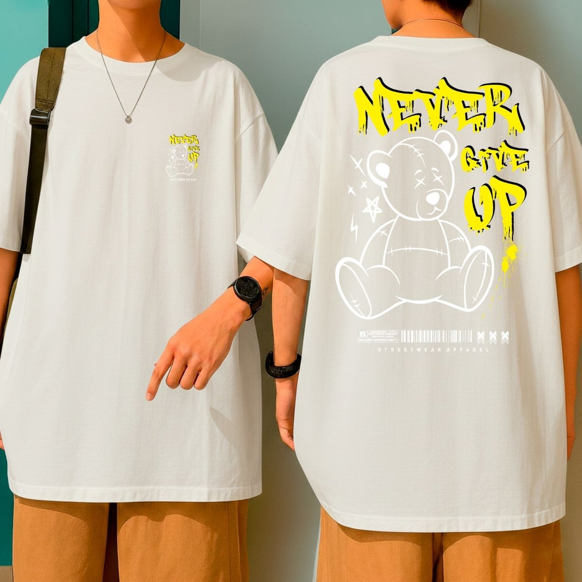 Camiseta Oversized Estampa Ursinho Never Give Up Blusão Malha Premium