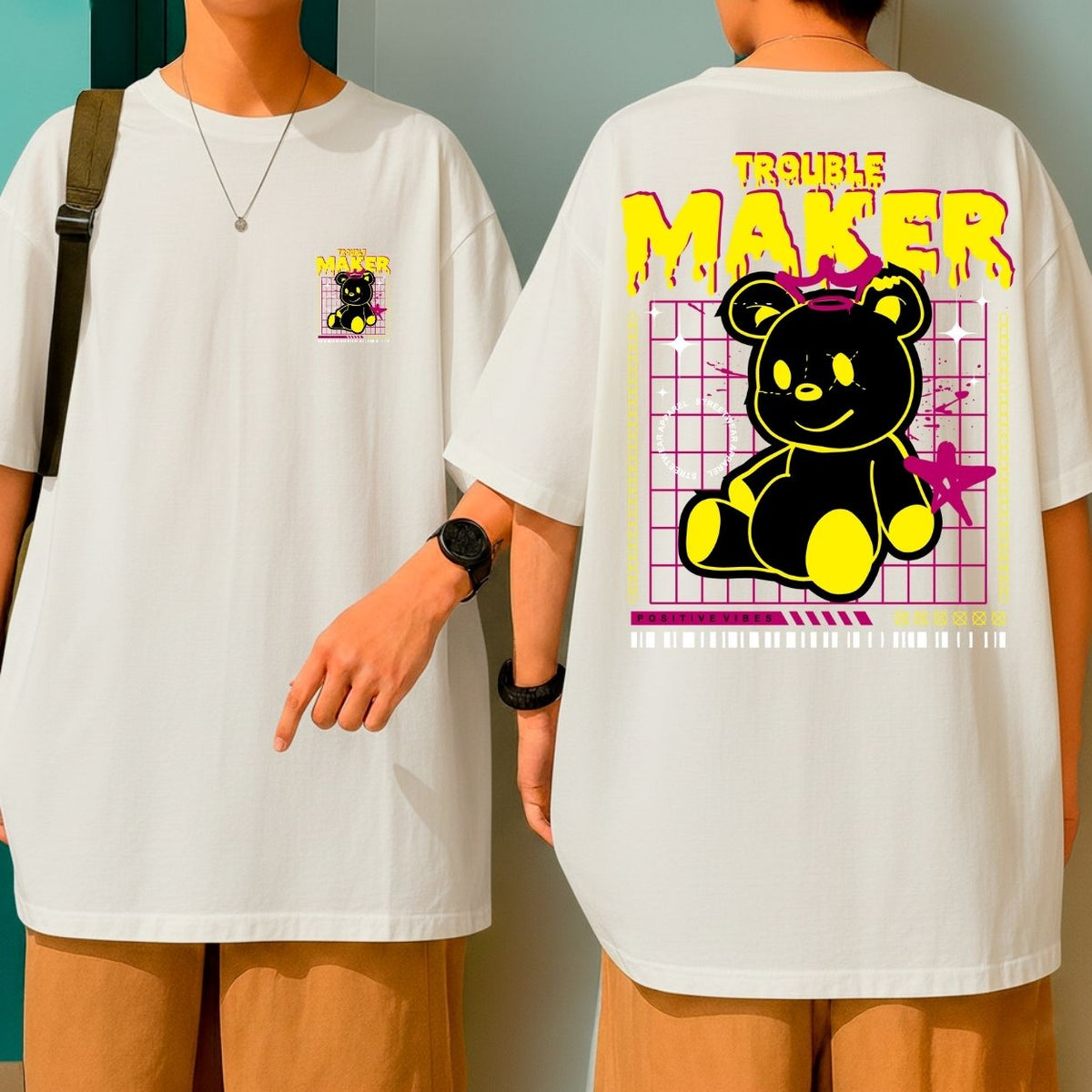 Camiseta Oversized Ursinho Trouble Maker Blusão Malha Grossa Fio 30.1 Qualidade