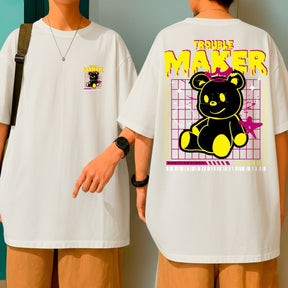 Camiseta Oversized Ursinho Trouble Maker Blusão Malha Grossa Fio 30.1 Qualidade