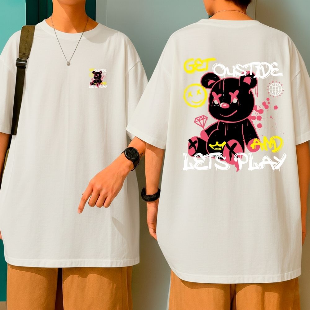 Camiseta Oversized Malha Grossa Premium Get Outside And Lets Play Bear