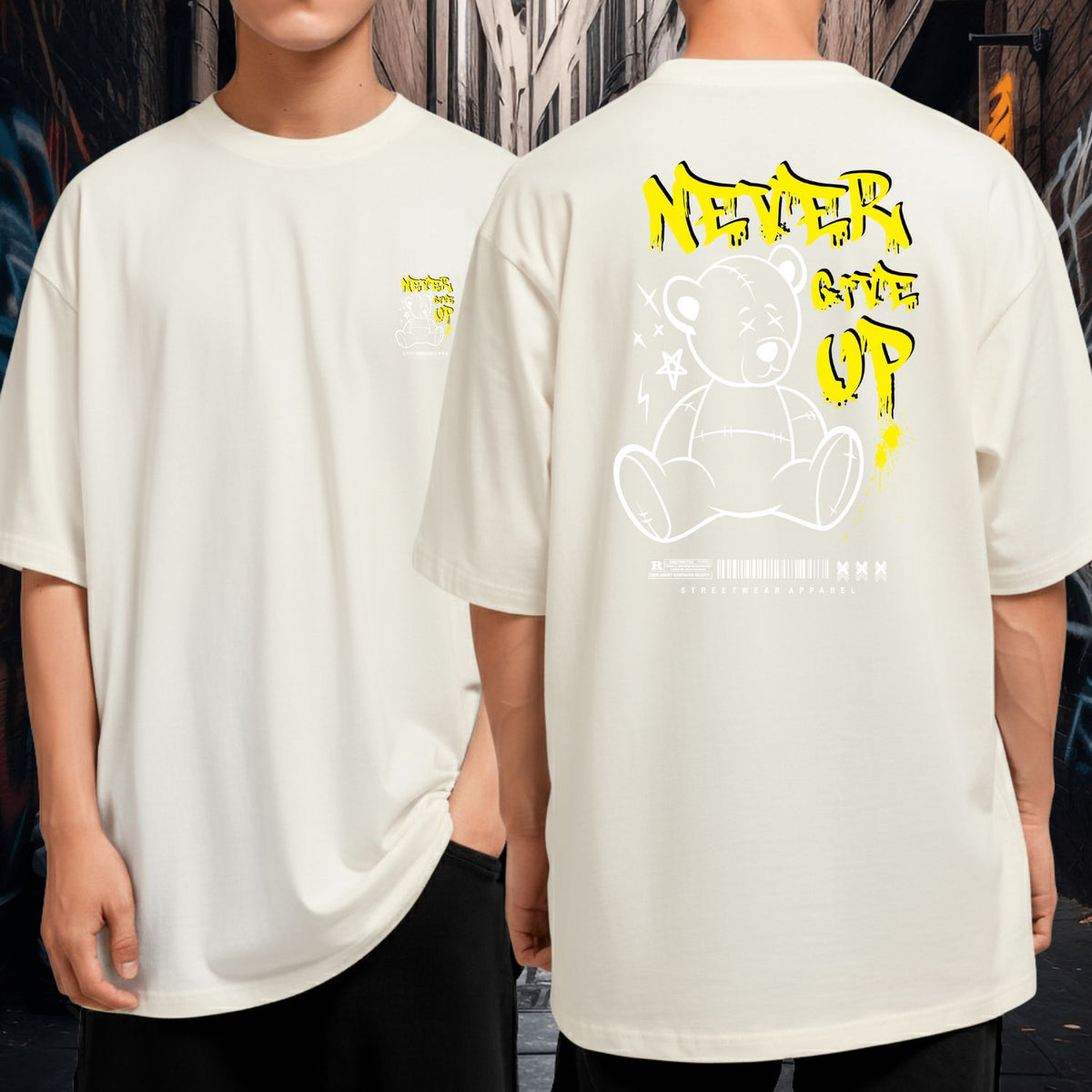 Camiseta Oversized Larga Streetwear Never Give Up Bear Moda Urbana