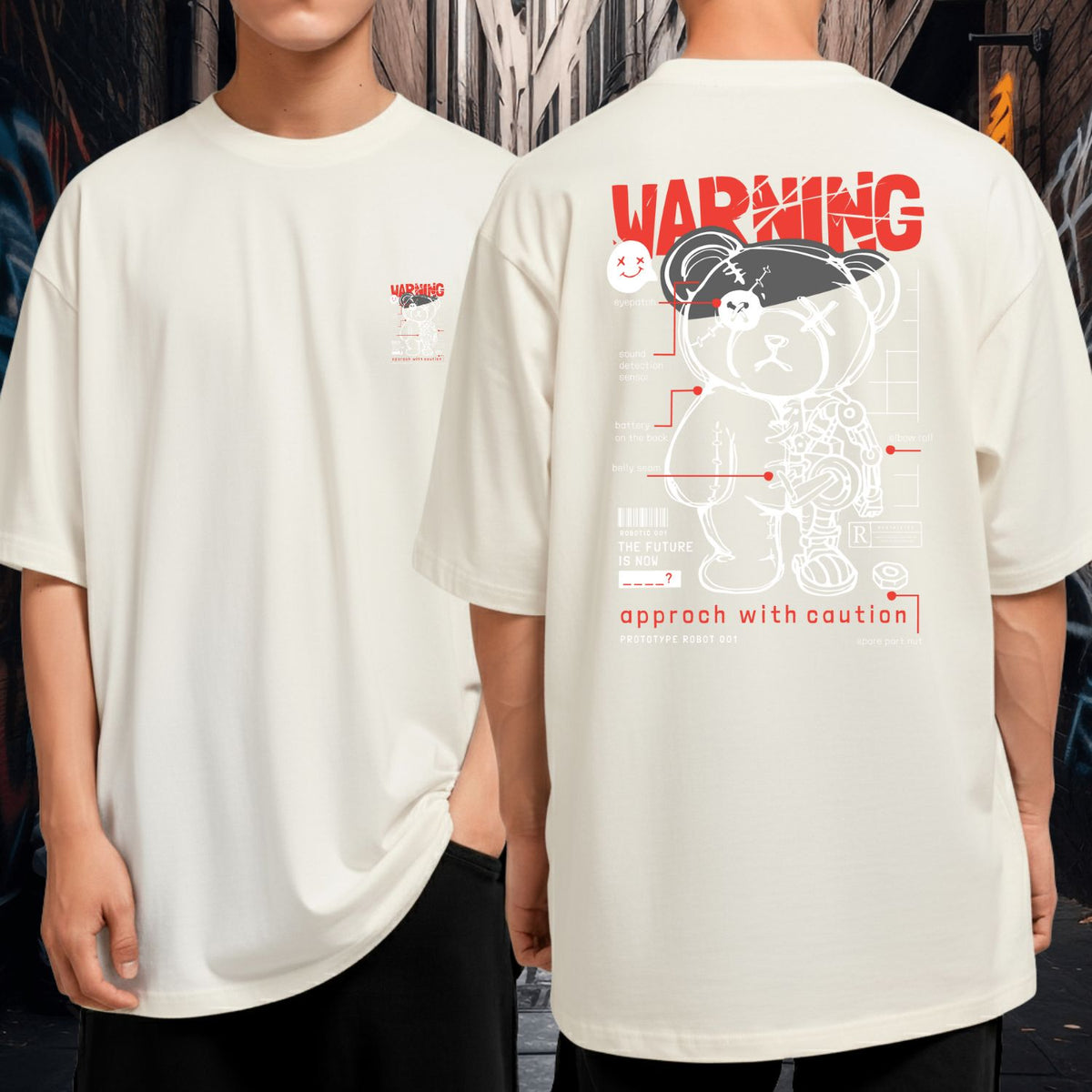 Camiseta Oversized Streetwear Warning Urso Robô Futurista Malha Premium