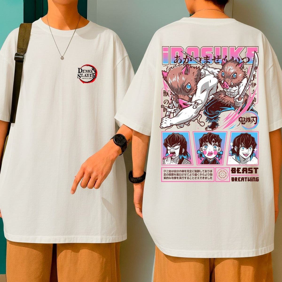 Camiseta Oversized Inosuke 100% Algodão Anime Demon Slayer Malha Premium