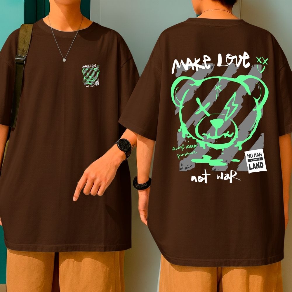 Camiseta Oversized Algodão Streetwear Feminina Urso Bear Make Love Not War