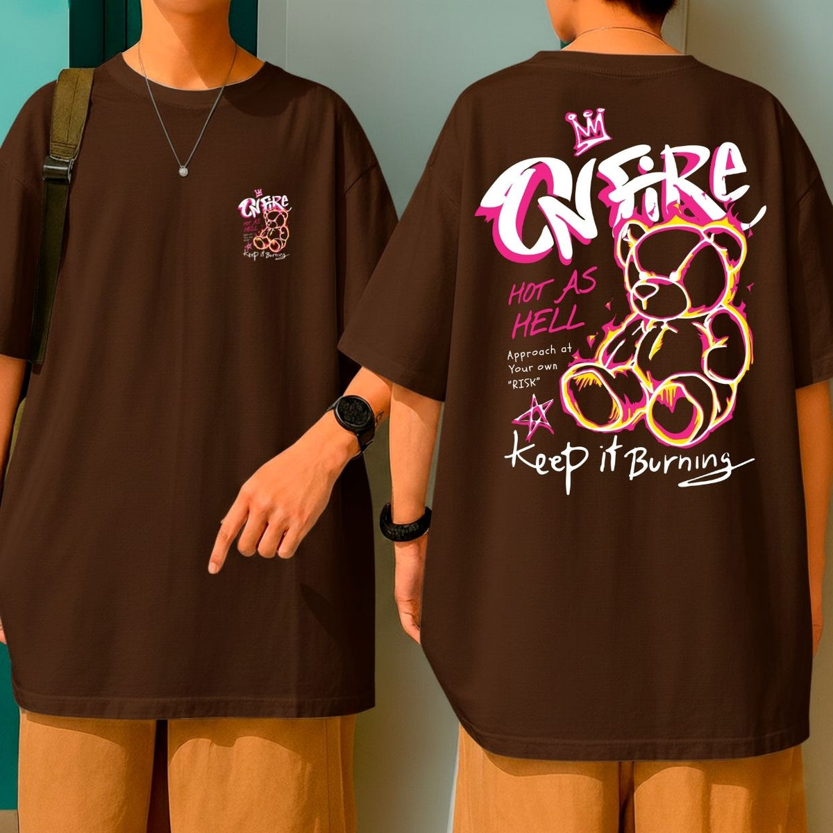 Camiseta Oversized Fio 30.1 Malha Grossa Ursinho Keep It Burning Blusão Largo Gola Redonda
