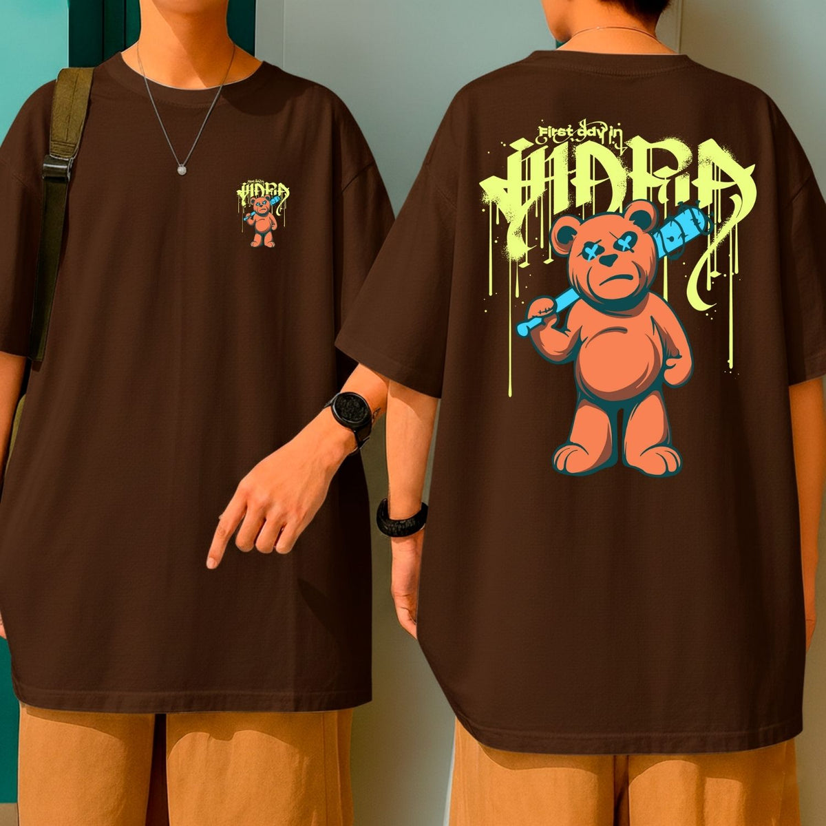 Camiseta Oversized Malha Premium Algodão Streetwear Urban Bear Urso Grafite Preta