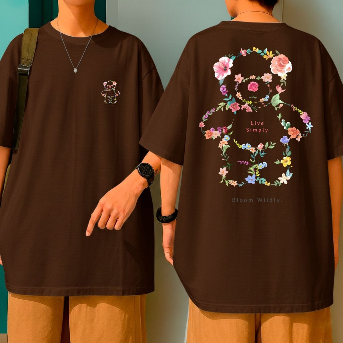 Camiseta Oversized Streetwear Live Simply Urso Floral Blusão Algodão Malha Grossa