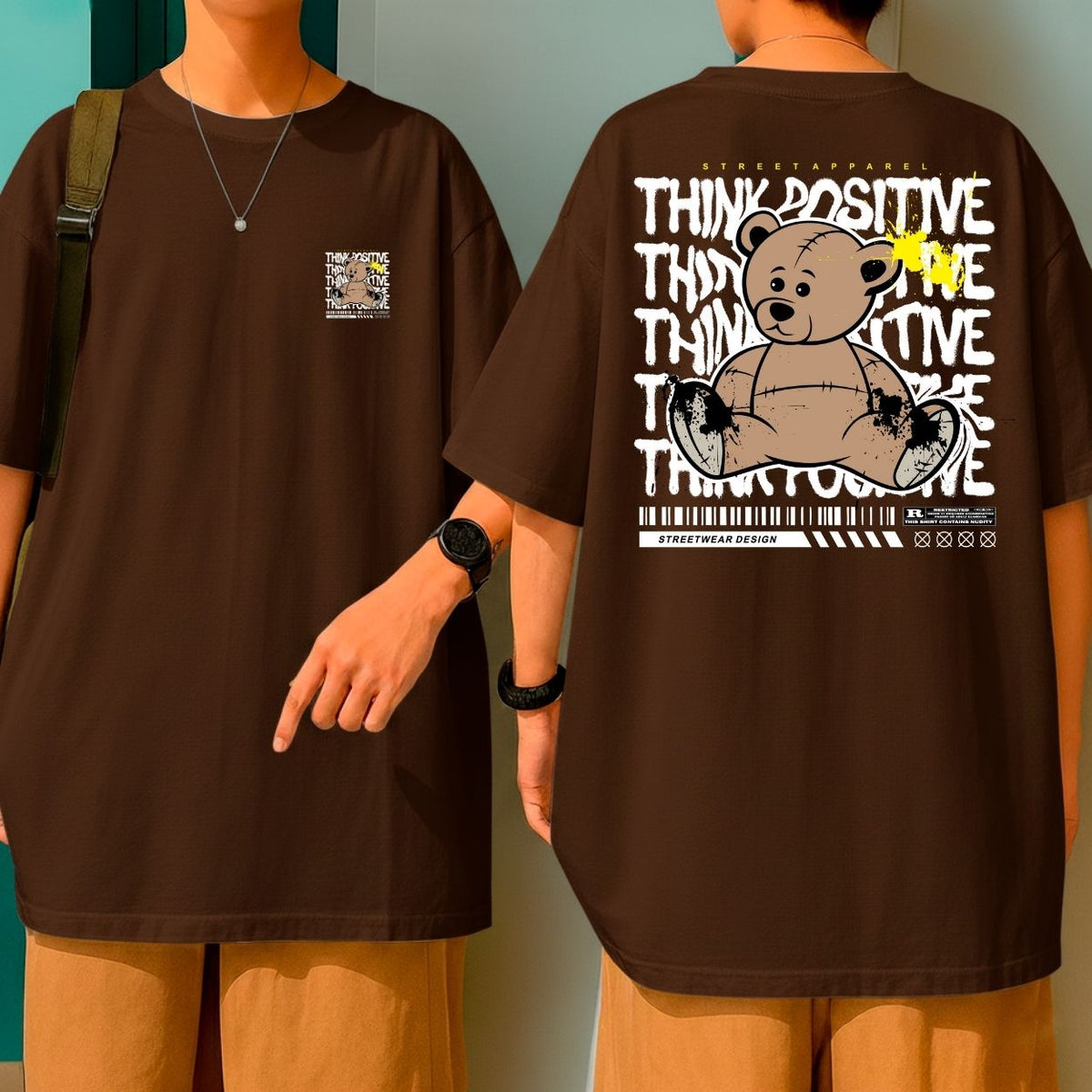 Camiseta Oversized Algodão Premium Streetwear Think Positive Bear Inspiração