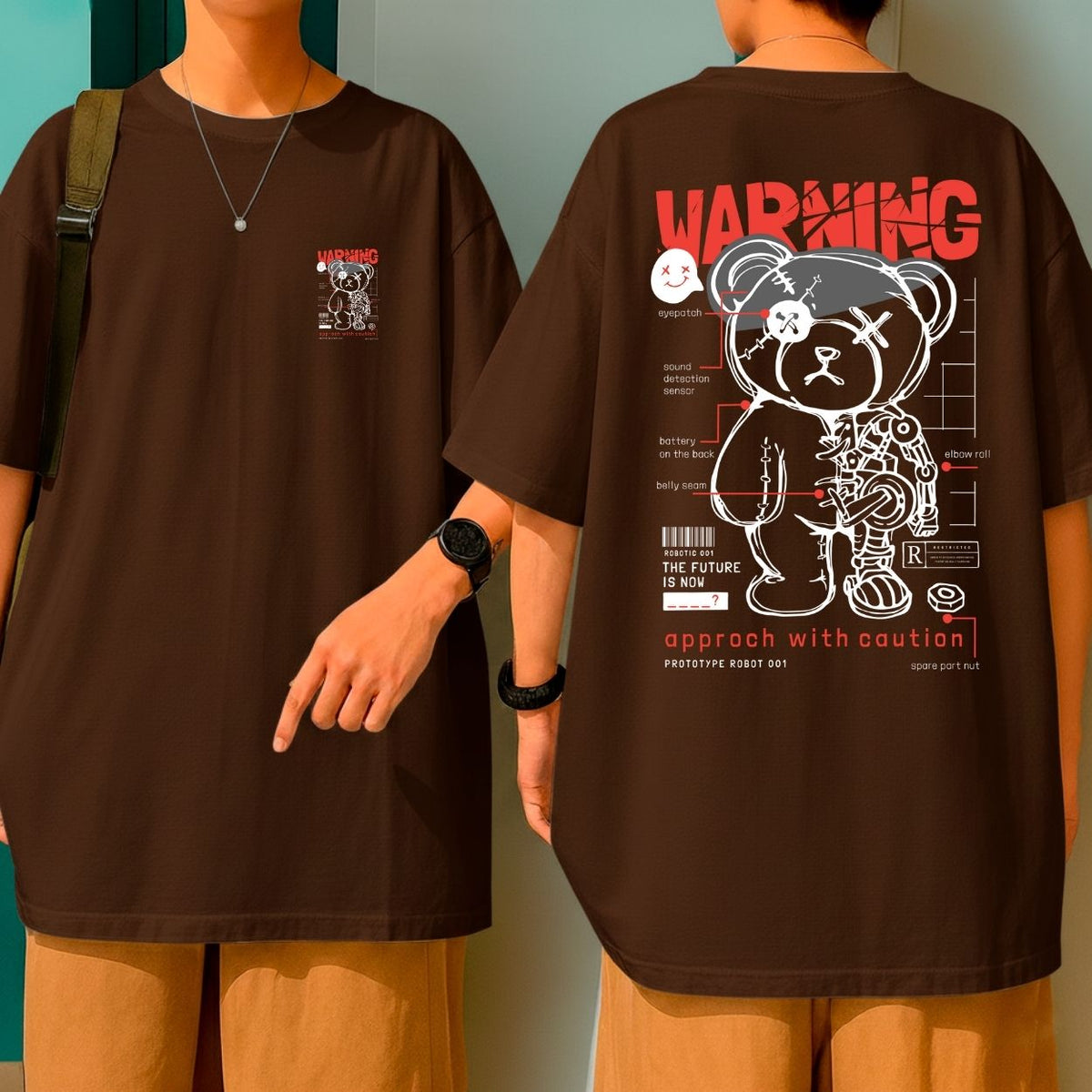 Camiseta Oversized 100% Algodão Malha Grossa Warning Robot Bear Moda Urbana