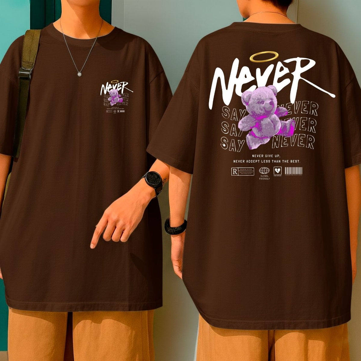 Camiseta Oversized Streetwear Blusão Malha Grossa Urso Roxo Never Say Never