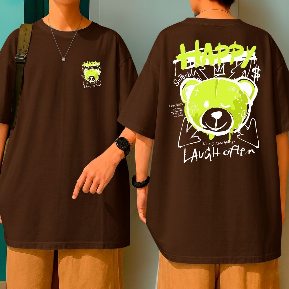 Camiseta Oversized 100% Algodão Estampa Ursinho Happy Laugh Often Blusão Malha Grossa