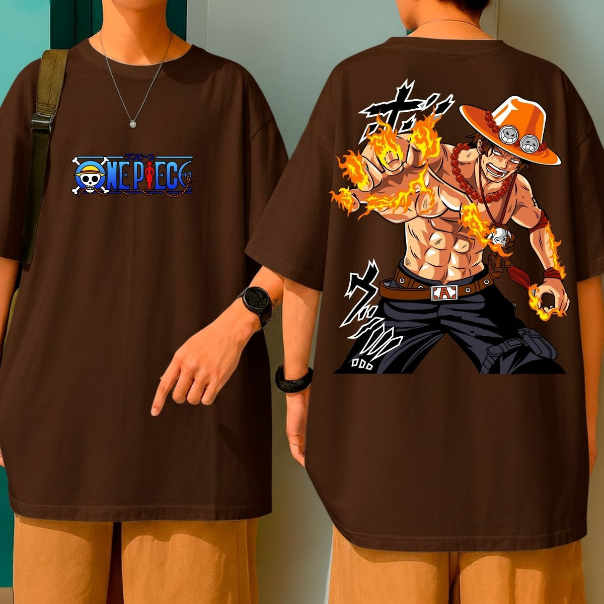 Camiseta Oversized 100% Algodão One Piece Ace Mãos De Fogo Anime Blusão Malha Grossa