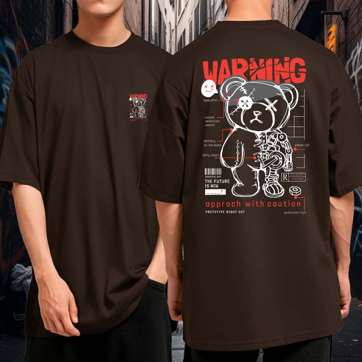 Camiseta Oversized Streetwear Warning Urso Robô Futurista Malha Premium