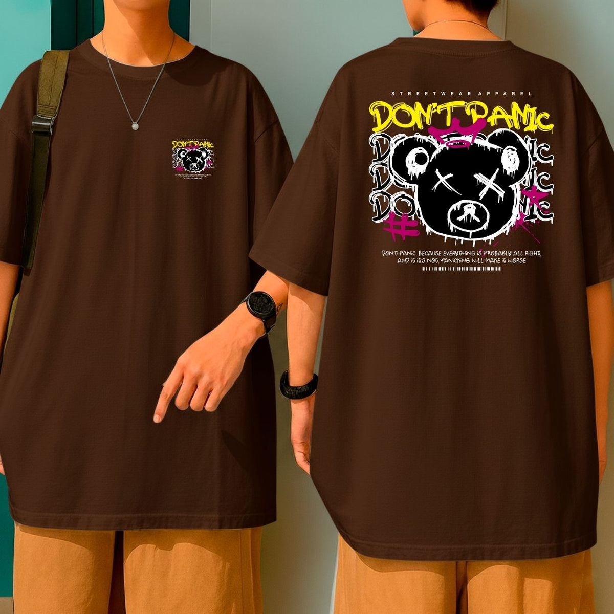 Camiseta Oversized Malha Premium Don't Panic Urso Grafite Streetwear