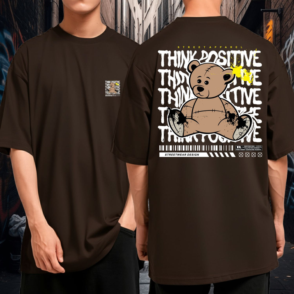 Camiseta Oversized Malha Grossa Larga Think Positive Bear Streetwear
