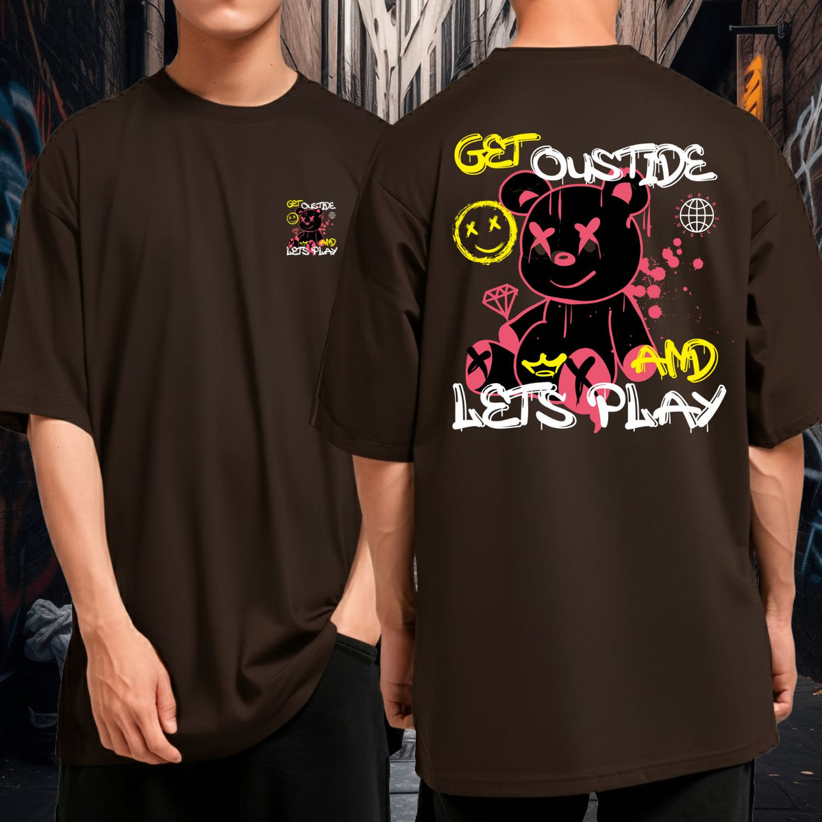 Camiseta Oversized Blusão Malha Grossa Premium Ursinho Get Outside And Lets Play
