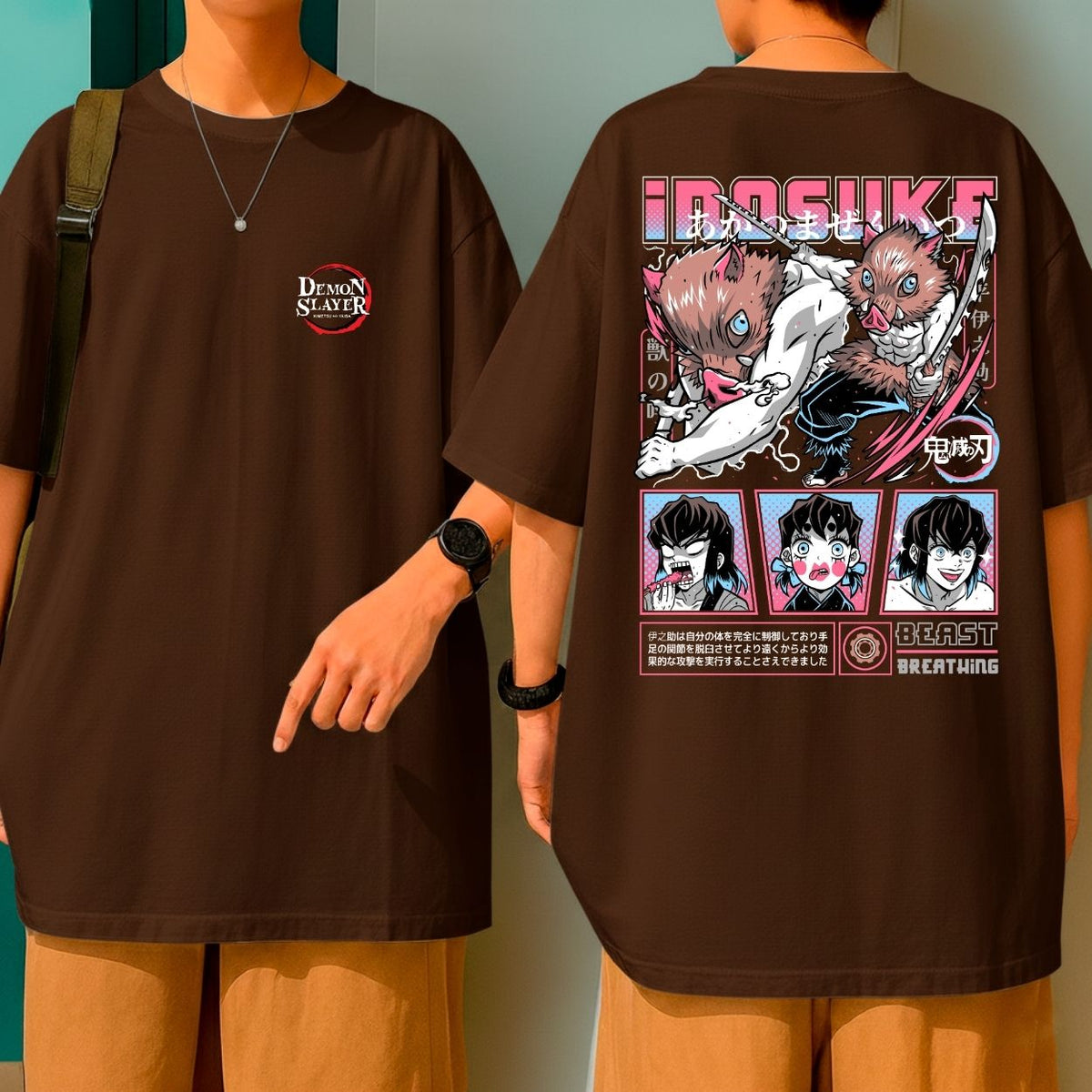 Camiseta Oversized Inosuke 100% Algodão Anime Demon Slayer Malha Premium