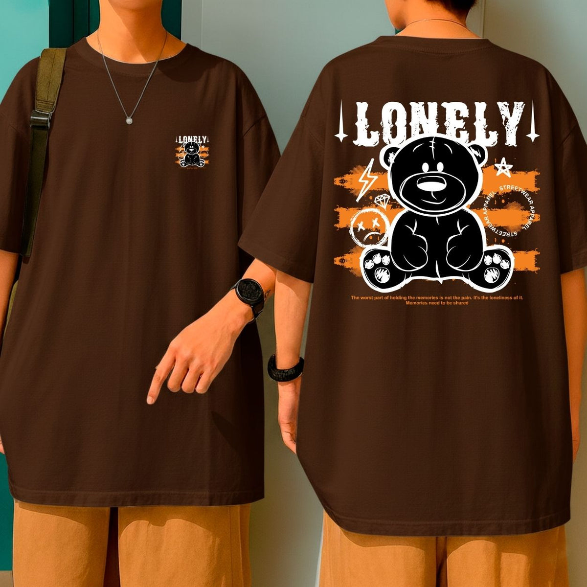 Camiseta Oversized Streetwear Estampa Urso Lonely Preto Laranja Qualidade Bom Caimento