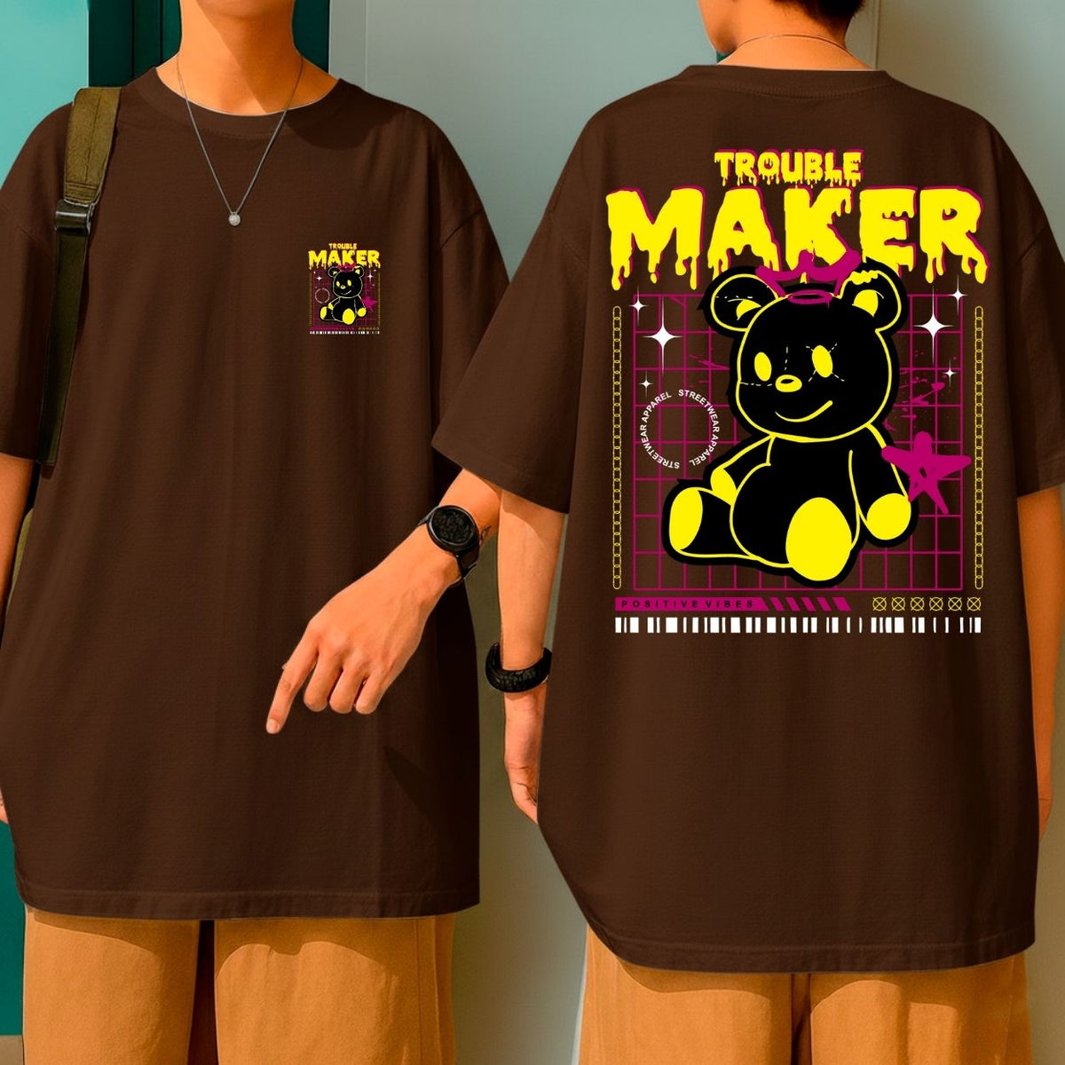 Camiseta Oversized Ursinho Trouble Maker Blusão Malha Grossa Fio 30.1 Qualidade