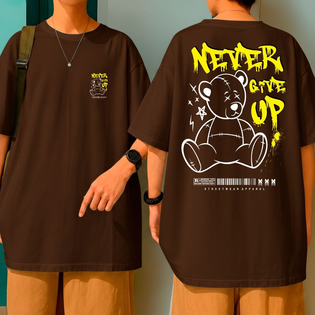 Camiseta Oversized Estampa Ursinho Never Give Up Blusão Malha Premium