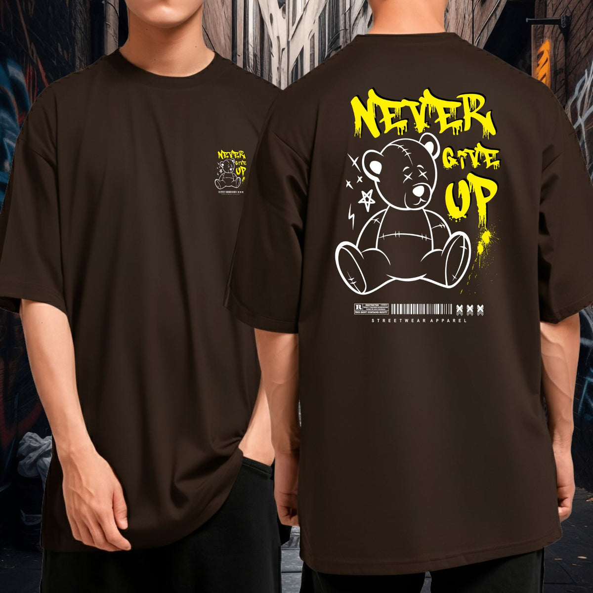 Camiseta Oversized Larga Streetwear Never Give Up Bear Moda Urbana