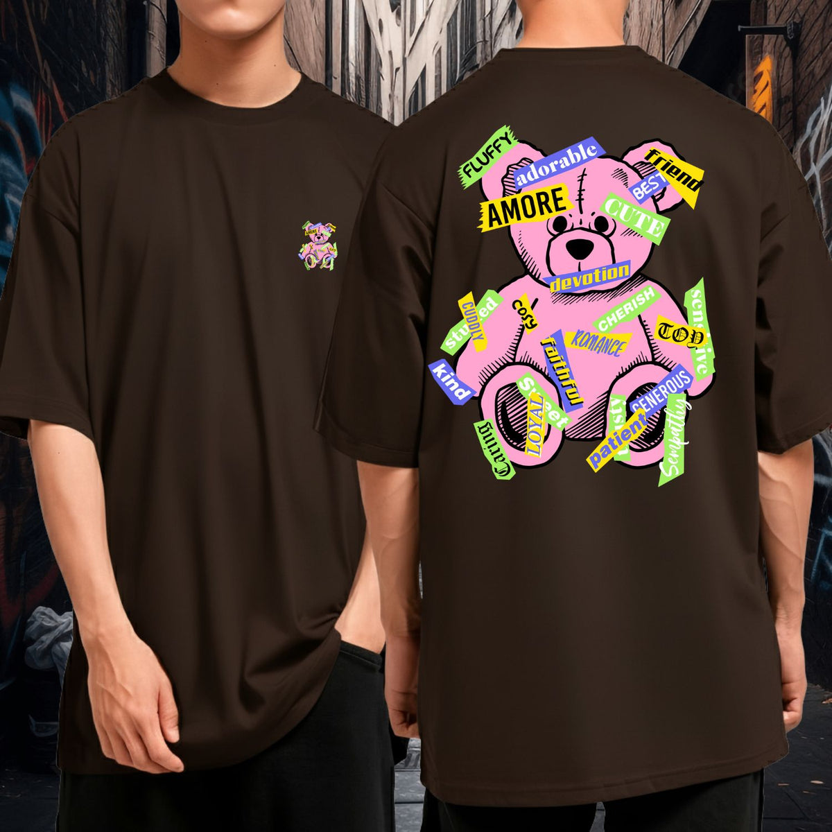 Camiseta Oversized Streetwear 100% Algodão Amore Urso Rosa Pop Preta