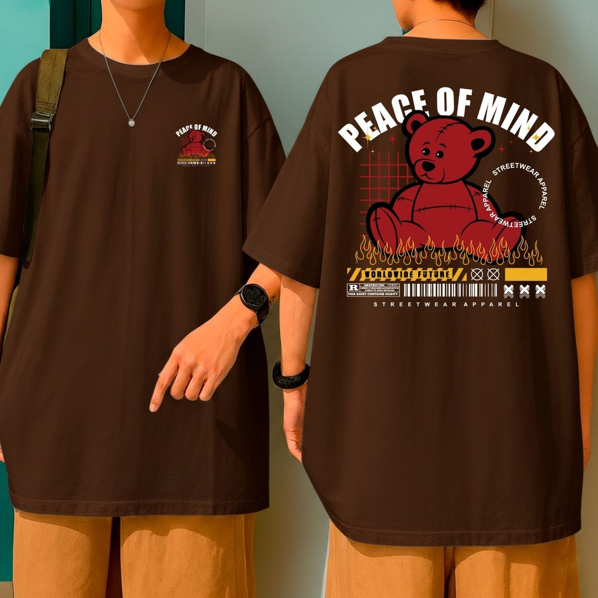 Camiseta Oversized Streetwear Urso Vermelho Flames Peace of Mind