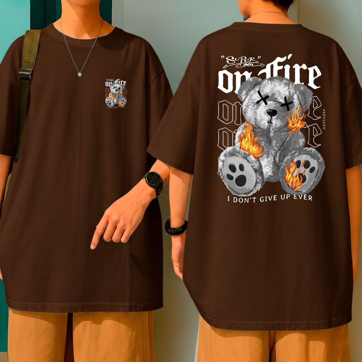 Camiseta Oversized Streetwear Urso em Fogo “I Don’t Give Up Ever” Malha Premium Algodão