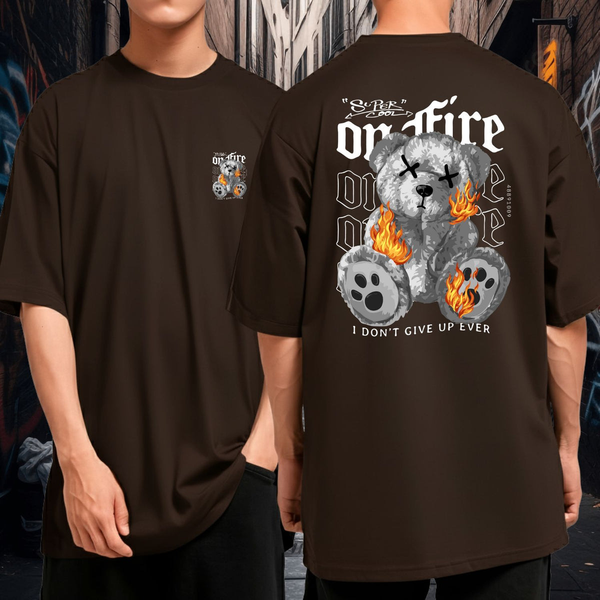 Camiseta Oversized Streetwear On Fire Urso em Chamas Blusão Malha Grossa Underground